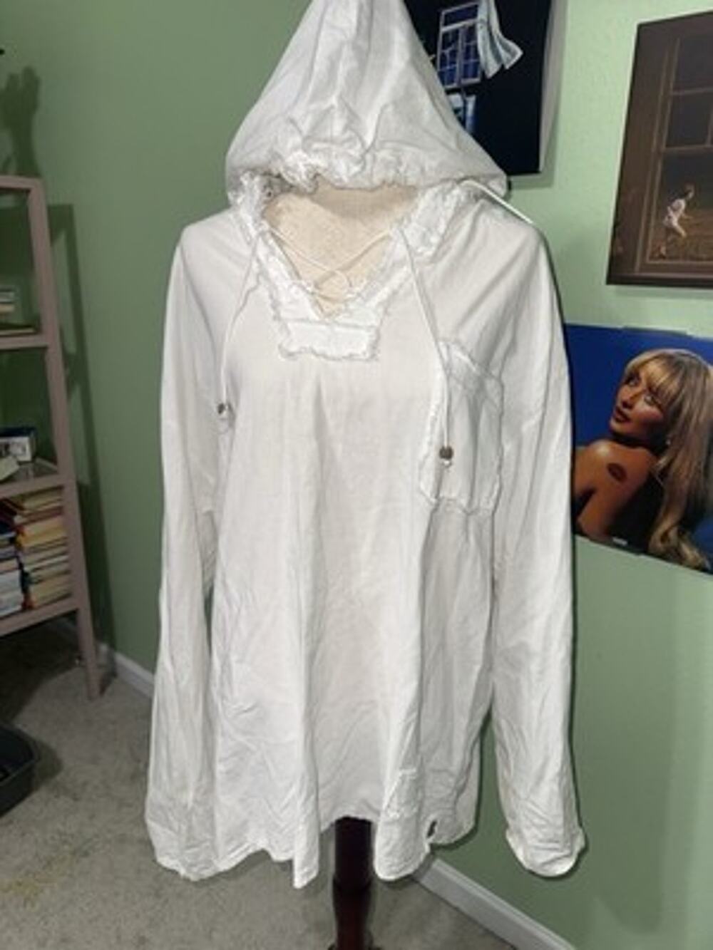 Cotton Collection White Raw Edge Hooded Tunic Top Lagenlook XXL